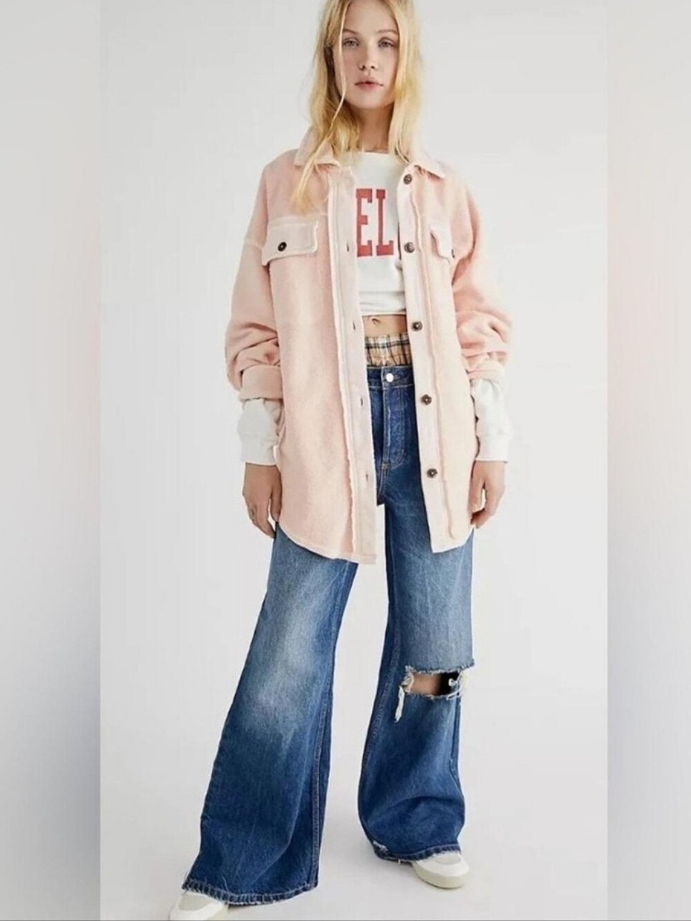 Free People Ruby Jacket Womens L Cream Oversized Button Up Shacket Utility